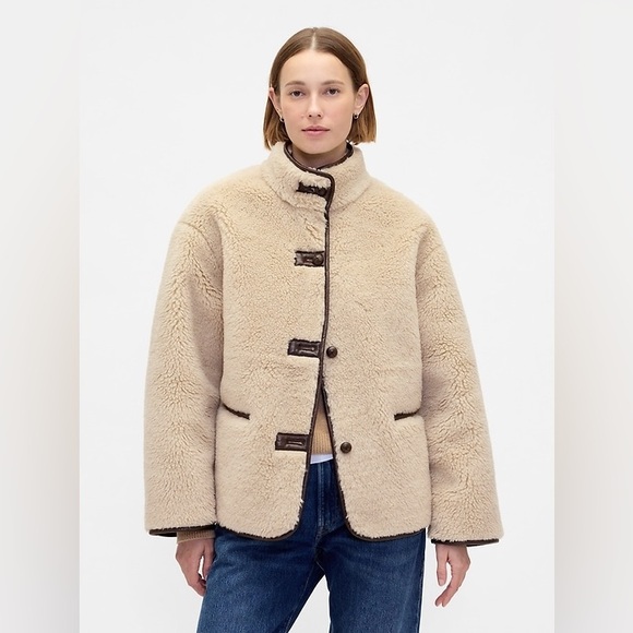 GAP Jackets & Blazers - NWT Gap Cream Sherpa & Faux Brown Leather Oversized Jacket Coat Size L Vegan